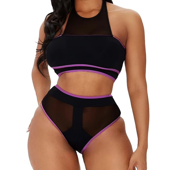 HIGH WAISTED BLACK/PURPLE SWIMSUIT - Picture 1 of 3